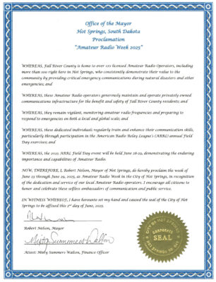 Hot Springs Amateur Radio Club official proclamation from Mayor Bob Nelson declaring June 23–29, 2025 as Amateur Radio Week in Hot Springs!