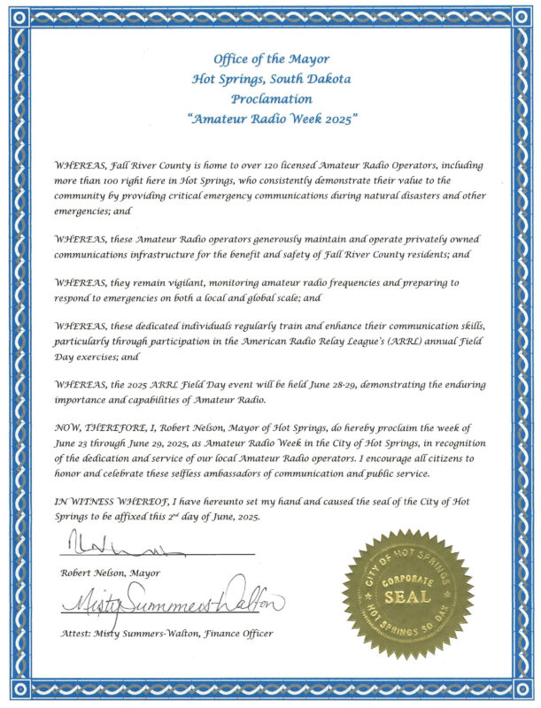 Hot Springs Amateur Radio Club official proclamation from Mayor Bob Nelson declaring June 23–29, 2025 as Amateur Radio Week in Hot Springs!